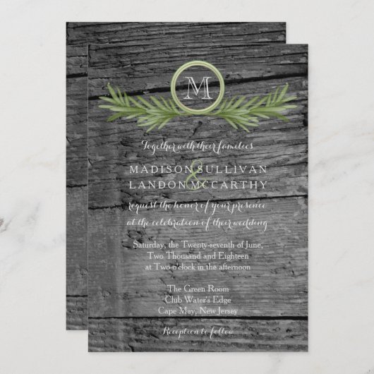 Invitation Mariage de romarin et de bois rustique (Devant / Derrière)