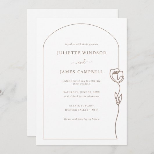 Invitation Mariage de Rose de dessin de ligne (Devant / Derrière)