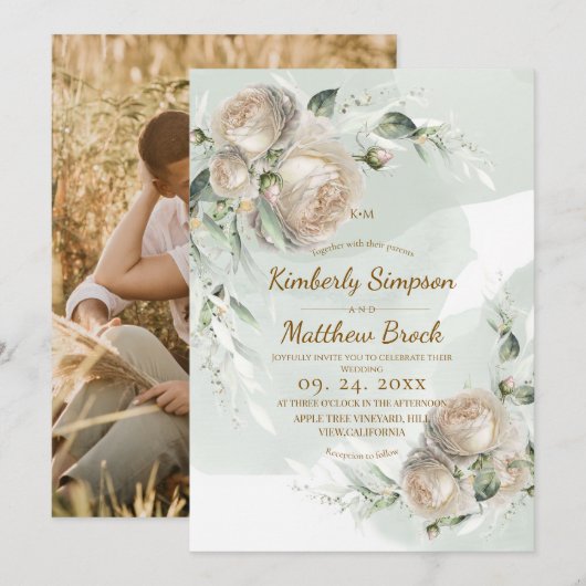 Invitation Mariage de Rose de Verdure Sage (Devant / Derrière)