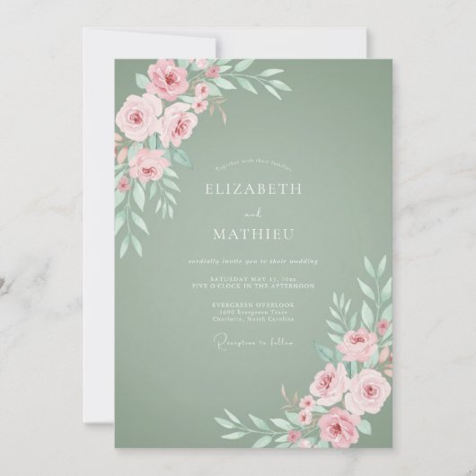 Invitation Mariage de rose délicate vert sauge (Devant)