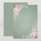 Invitation Mariage de rose délicate vert sauge (Devant / Derrière)
