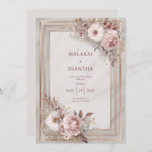 Invitation Mariage de Rose et de trame or (Devant / Derrière)