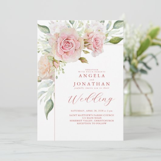 Invitation Mariage de rose pastel (Debout devant)