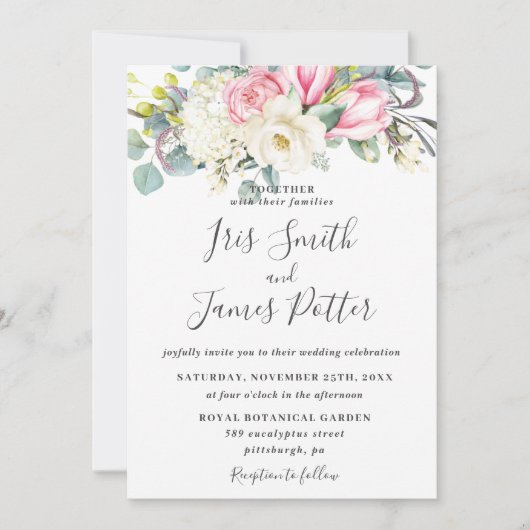 Invitation Mariage de Rose rose rose Magnolia Hydrangea (Devant)