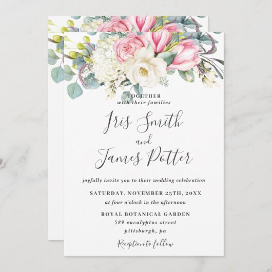 Invitation Mariage de Rose rose rose Magnolia Hydrangea (Devant / Derrière)