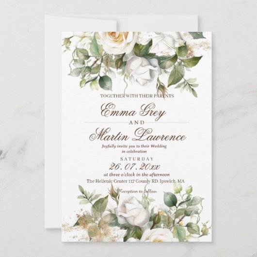 Invitation Mariage de Roses blanches élégant (Devant)