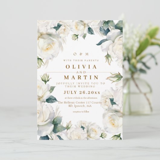 Invitation Mariage de Roses Blanches rustique et élégant (Debout devant)