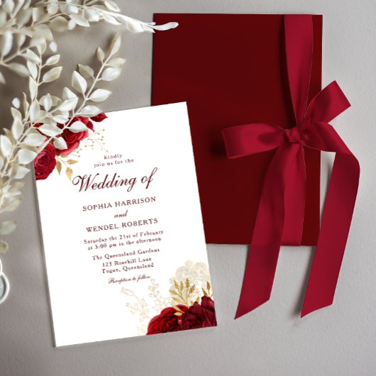 Invitation Mariage de Roses Rouges Intemporelles et Feuille d