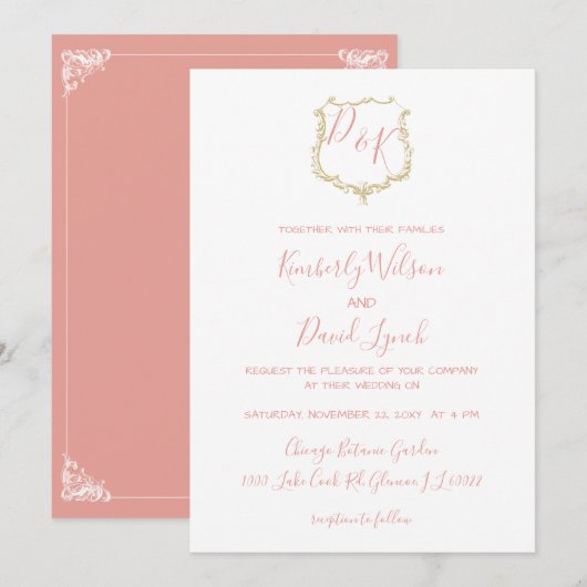Invitation Mariage de rougissement Monogram Crest Gold (Devant / Derrière)