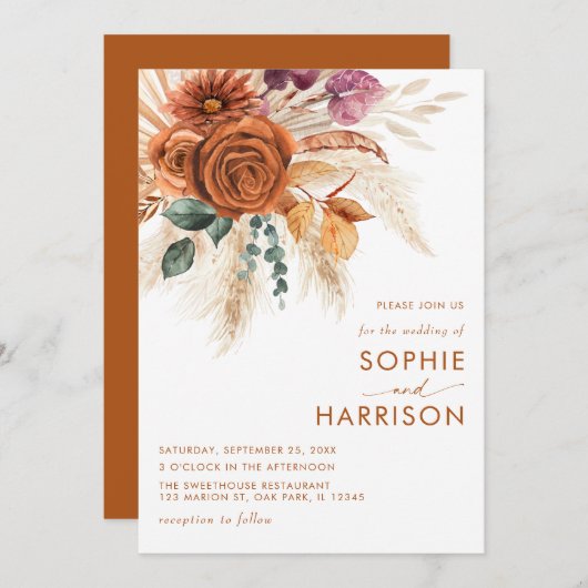 Invitation Mariage de rouille en laiton orange brûlé (Devant / Derrière)
