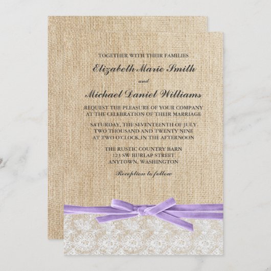 Invitation Mariage de ruban à dentelle de Burlap (Devant / Derrière)
