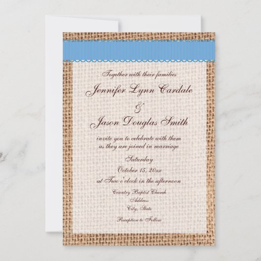 Invitation Mariage de ruban bleu Burlap imprimé par pays rust (Devant)