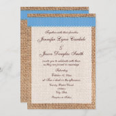 Invitation Mariage de ruban bleu Burlap imprimé par pays rust (Devant / Derrière)