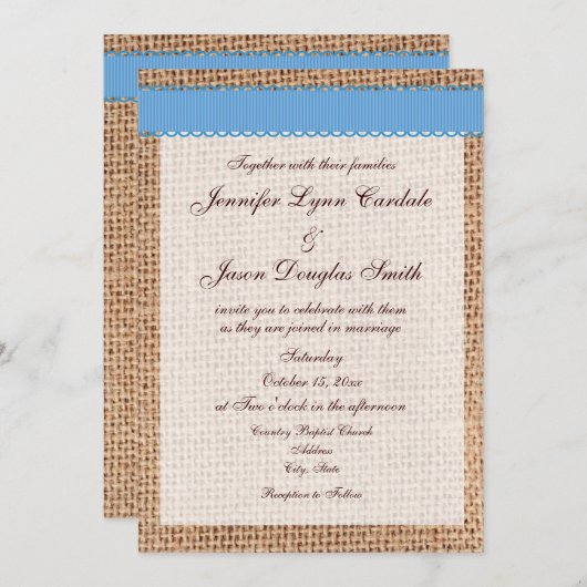 Invitation Mariage de ruban bleu Burlap imprimé par pays rust (Devant / Derrière)