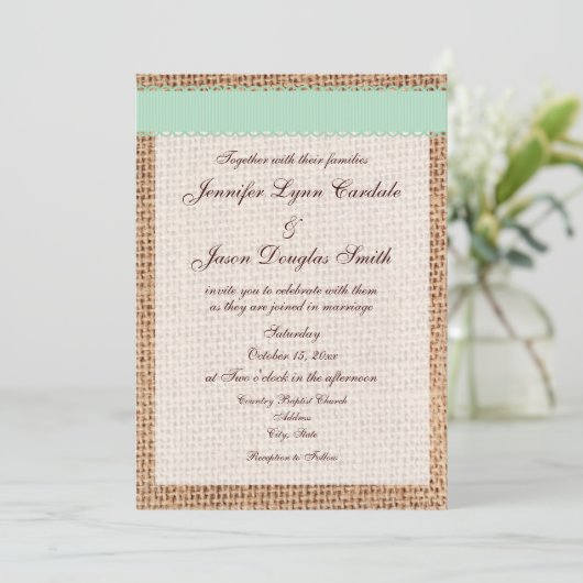 Invitation Mariage de ruban Burlap Sage imprimé par pays rust (Debout devant)