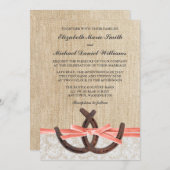 Invitation Mariage de ruban de corail en dentelle de Burlap r (Devant / Derrière)