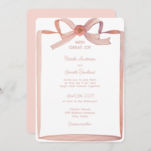 Invitation Mariage de ruban papier rose Coquette (Devant / Derrière)