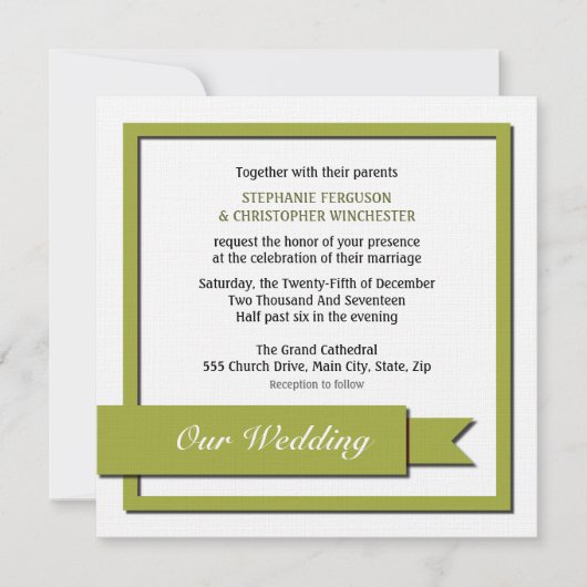Invitation Mariage de ruban vert olive (Devant)