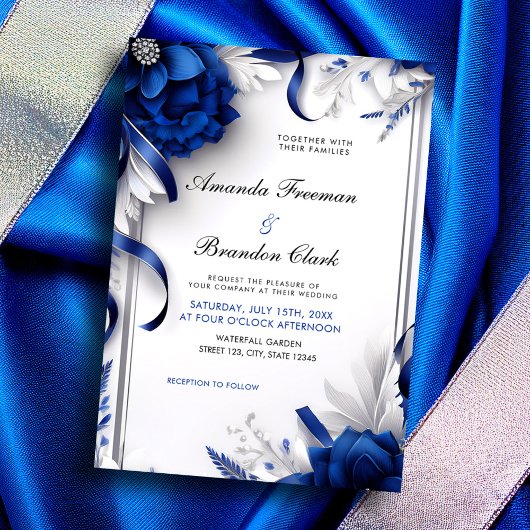 Invitation Mariage de rubans bleu et argent de la marine chic