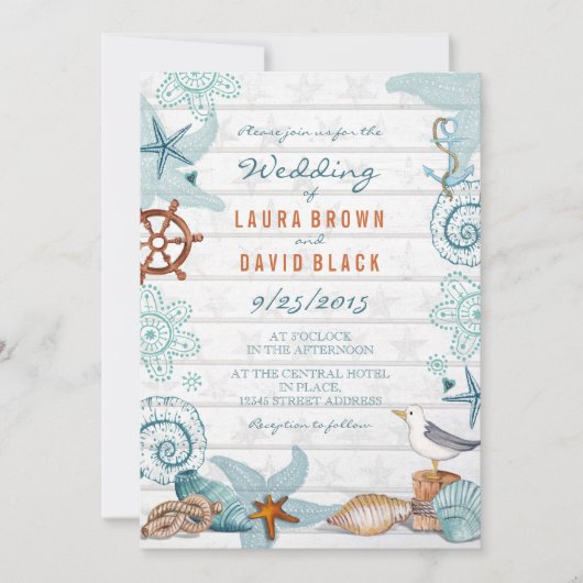 Invitation Mariage de sable de plage bleu rustique (Devant)