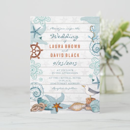 Invitation Mariage de sable de plage bleu rustique (Debout devant)