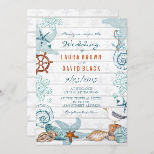 Invitation Mariage de sable de plage bleu rustique