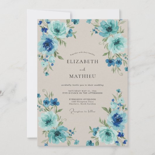 Invitation Mariage de Sable Feuillu Cyan (Devant)
