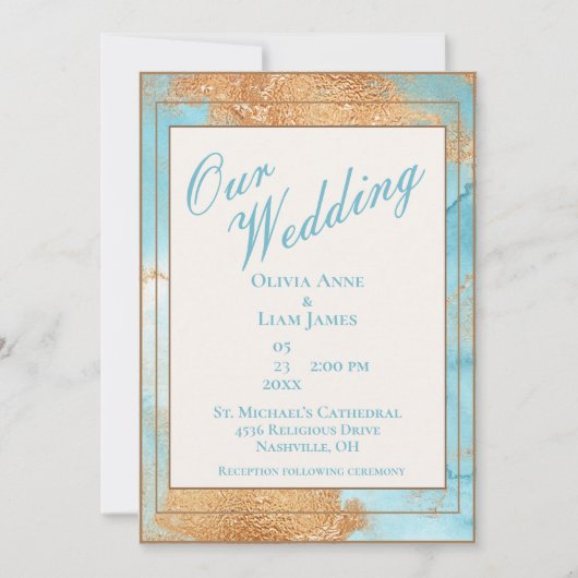 Invitation Mariage de script Abstrait Gold Turquoise (Devant)