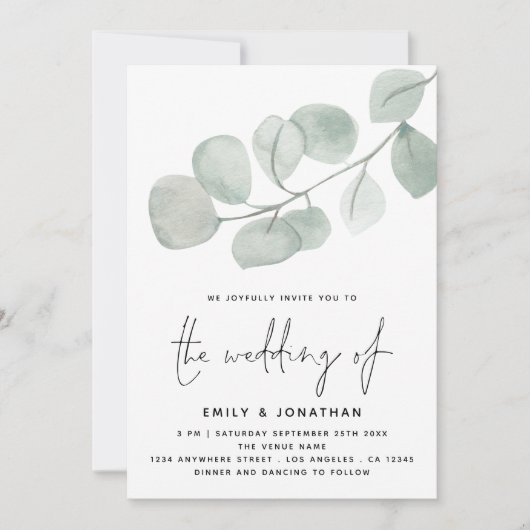 Invitation Mariage de script Artsy Eucalyptus aquarelle (Devant)