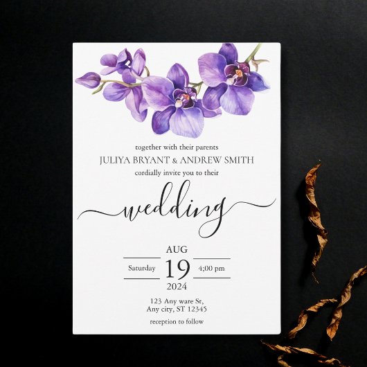 Invitation Mariage de script blanc et violet orchidée