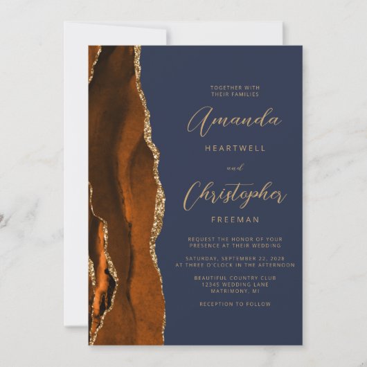 Invitation Mariage de script bleu Burange Orange Agate Gold N (Devant)