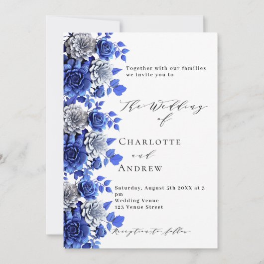 Invitation Mariage de script bleu floral blanc (Devant)