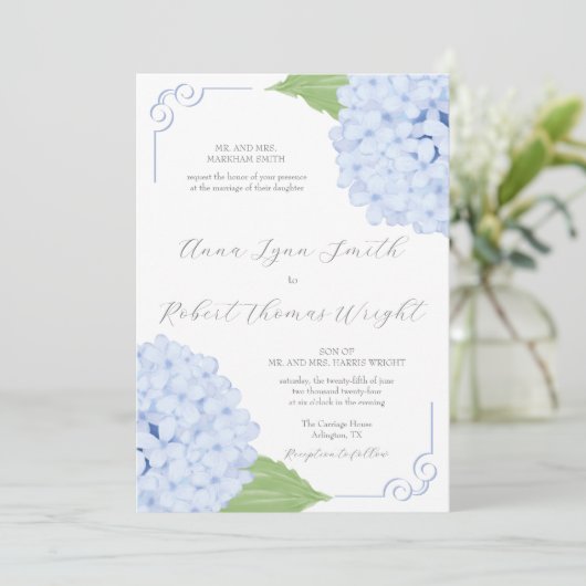 Invitation Mariage de script Blue Hydrangea Watercolor (Debout devant)