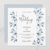 Invitation Mariage de script botanique blanc bleu (Devant / Derrière)