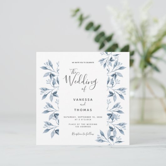Invitation Mariage de script botanique blanc bleu (Debout devant)