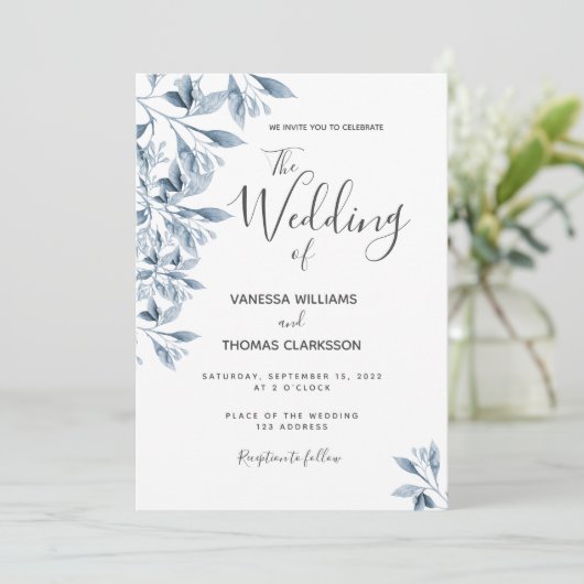 Invitation Mariage de script botanique blanc bleu (Debout devant)