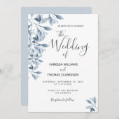 Invitation Mariage de script botanique blanc bleu (Devant / Derrière)