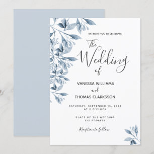 Invitation Mariage de script botanique blanc bleu