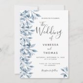 Invitation Mariage de script botanique blanc bleu foncé (Devant)
