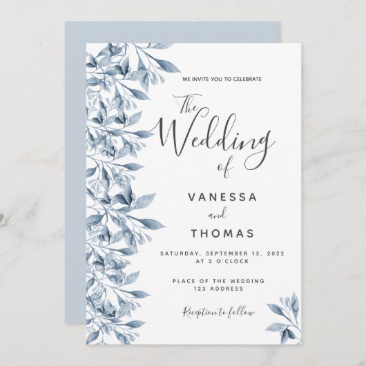Invitation Mariage de script botanique blanc bleu foncé (Devant / Derrière)