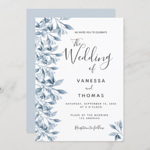 Invitation Mariage de script botanique blanc bleu foncé