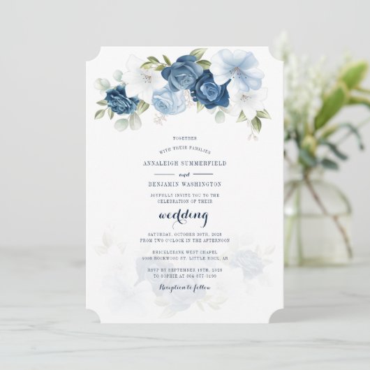 Invitation Mariage de script botanique bleu Dusty Floral (Debout devant)