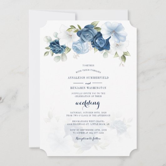 Invitation Mariage de script botanique bleu Dusty Floral (Devant)