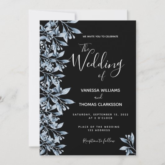 Invitation Mariage de script botanique bleu noir (Devant)