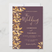 Invitation Mariage de script botanique en or du marron de Cas (Devant)
