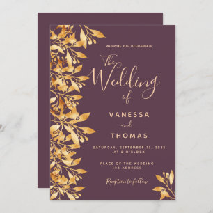 Invitation Mariage de script botanique en or du marron de Cas