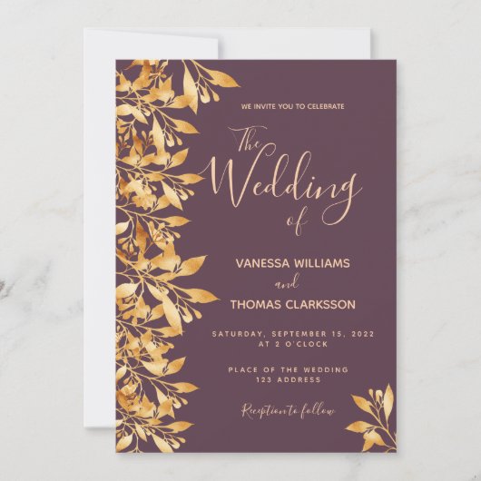 Invitation Mariage de script botanique en or violet Cassis (Devant)