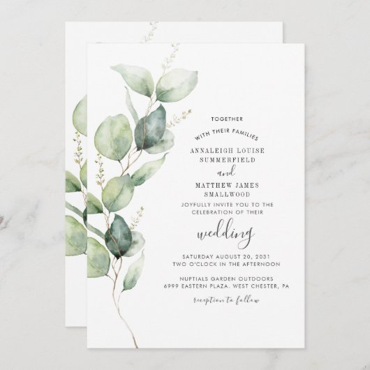 Invitation Mariage de script botanique Eucalyptus Greenery (Devant / Derrière)
