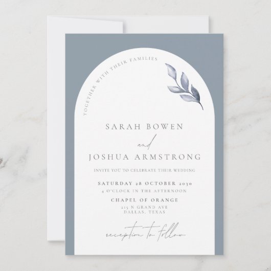 Invitation Mariage de script botanique moderne Dusty Blue Arc (Devant)