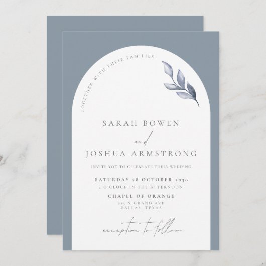 Invitation Mariage de script botanique moderne Dusty Blue Arc (Devant / Derrière)